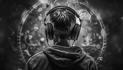 Man listening to music facing a vivid background.